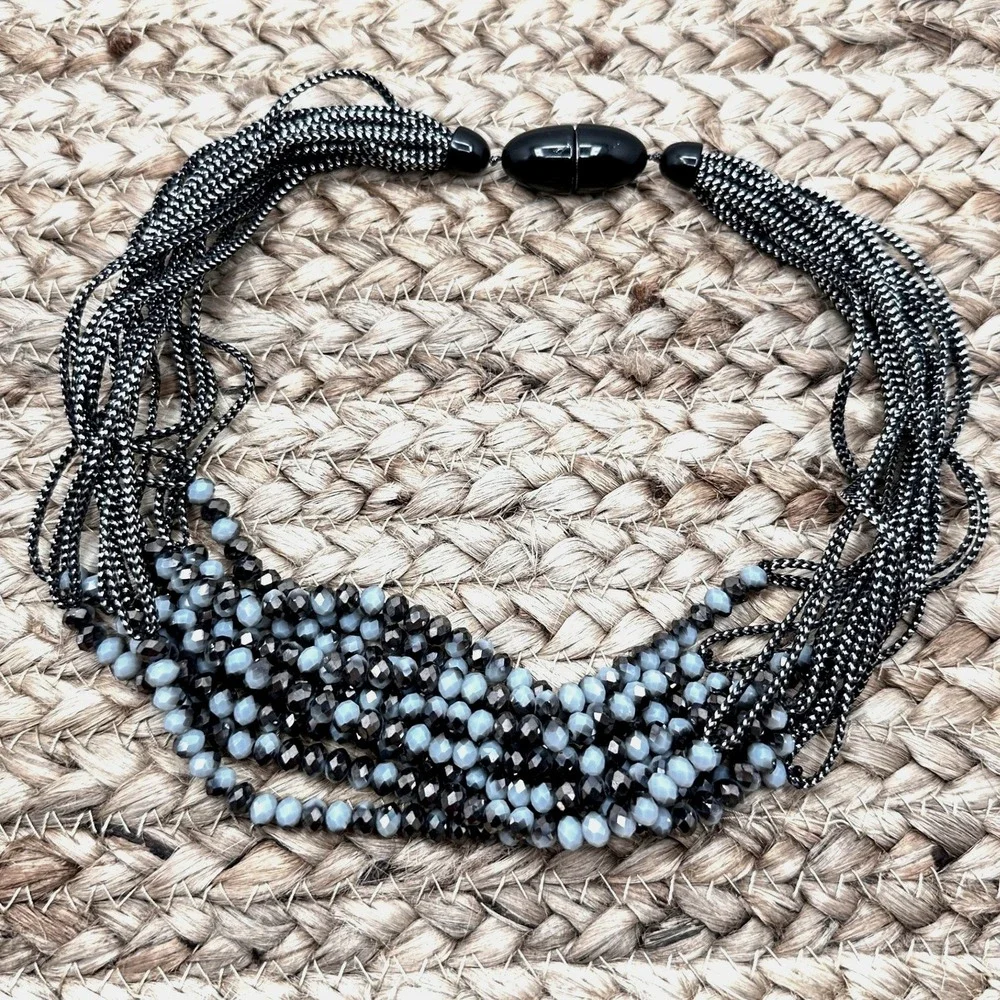 Chic Cluster Statement Necklace Black Gray Faceted Hematite Crystal Multi Strand